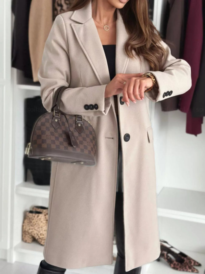 Women's Lapel Collar Long Sleeve Coat - Buttoned & Pocketed