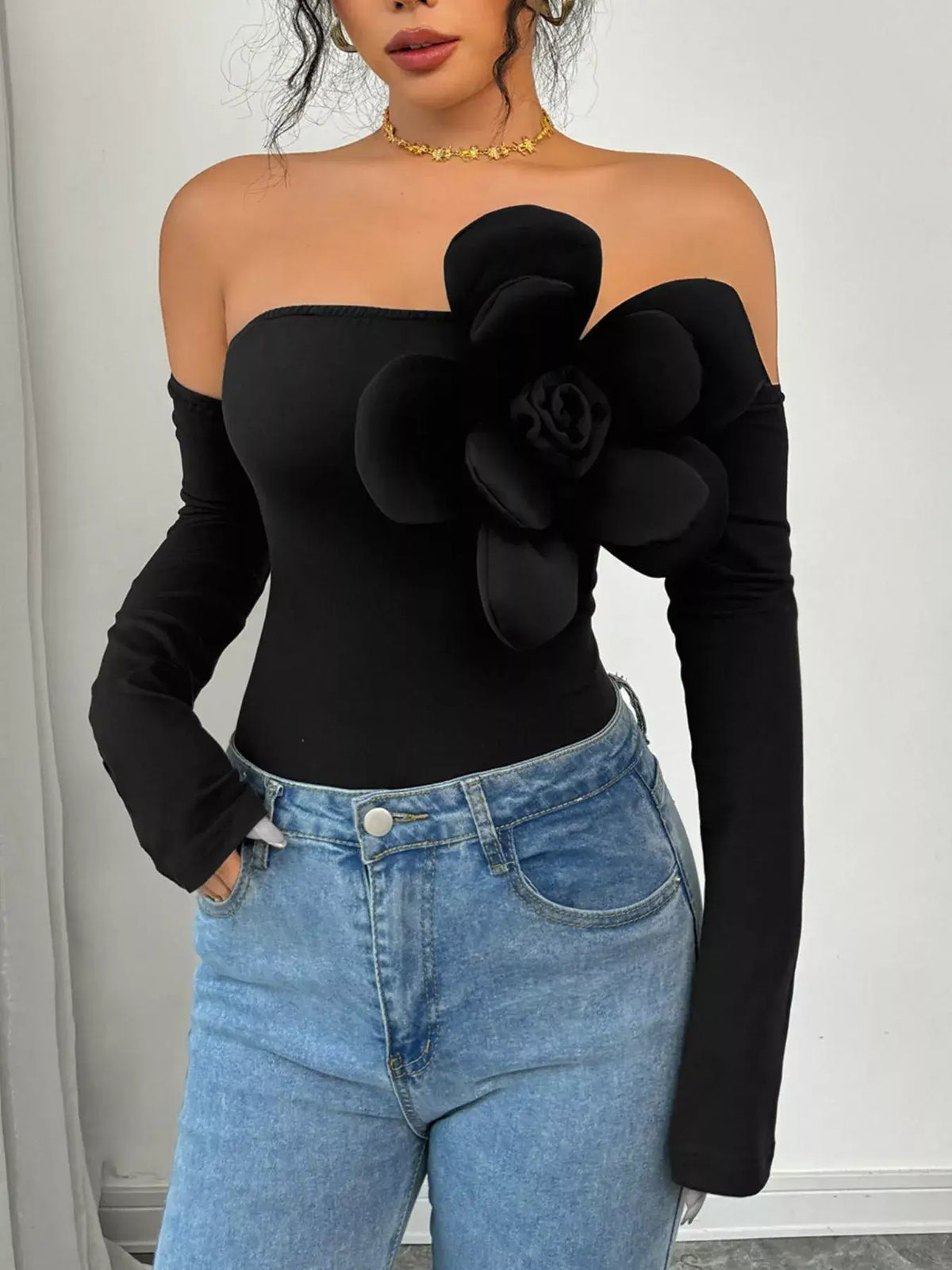 Women's Off-Shoulder Long Sleeve Bodysuit in Black - Price & Sale