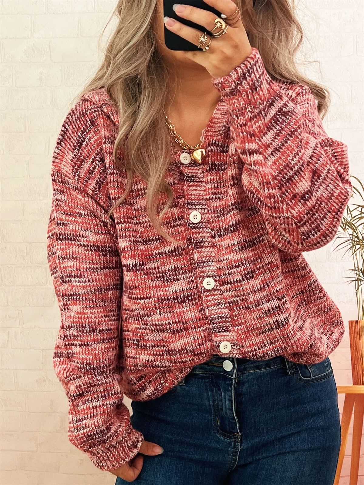 Women's Multi-Color Knit Cardigan - Button Down Long Sleeve Top