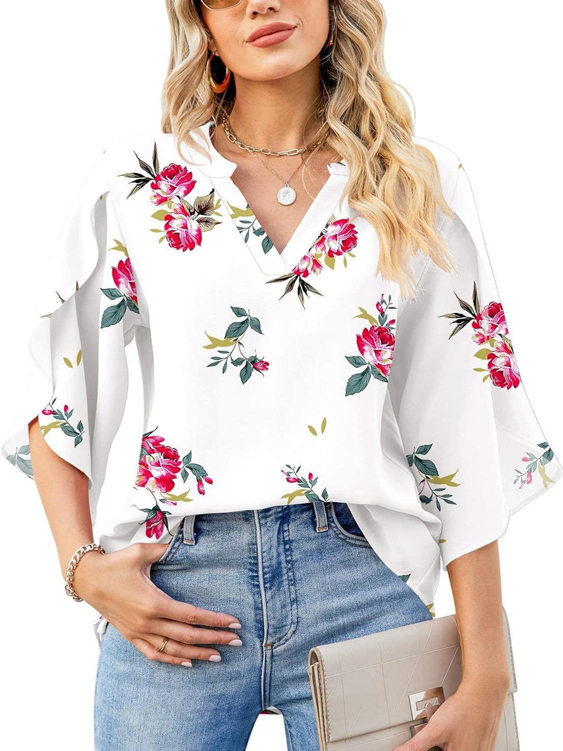 Printed Notched Half Sleeve Blouse Trandify Deal