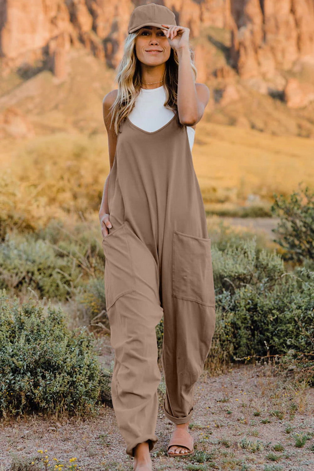 Double Take Full Size V-Neck Sleeveless Jumpsuit with Pockets - Trandify Deal