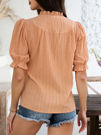 Women’s Devine Frill Notched Short Sleeve Blouse – Ruffled V-Neck Top for Casual & Office Wear