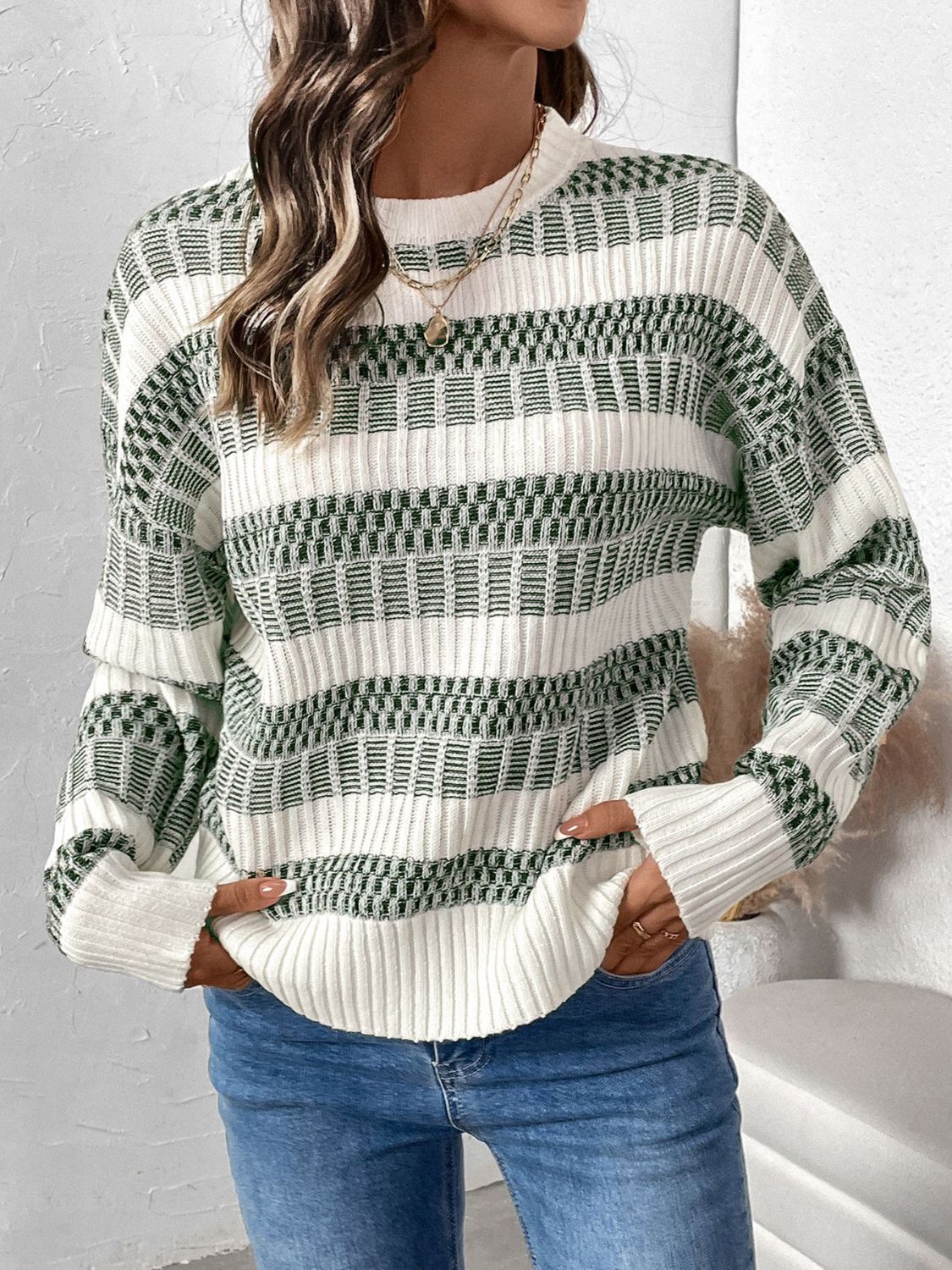 Perfee Contrast Round Neck Long Sleeve Sweater Trandify Deal