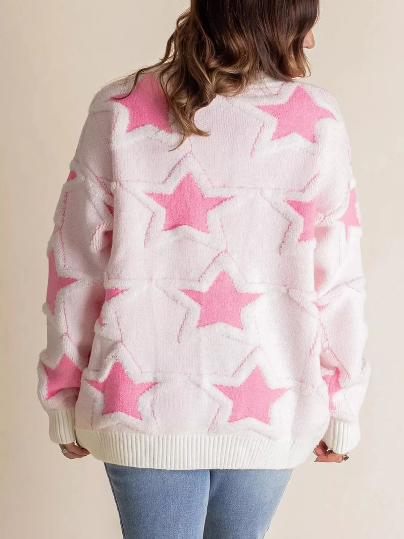 Oversized Star Pattern Sweater in White worn with boots