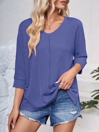 Lovelet Textured Round Neck Three-Quarter Sleeve Blouse Trandify deal