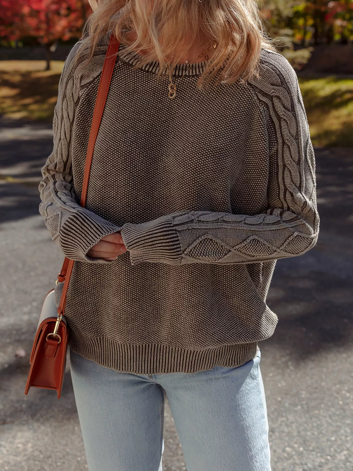 Women's beige cable knit cotton sweater casual crewneck pullover
