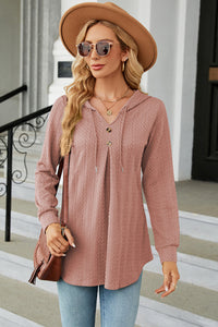 Decorative Button Drawstring Long Sleeve Hoodie Trendsi