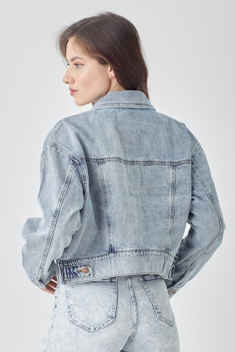 RISEN Full Size Button Down Cropped Denim Jacket Trandify deal