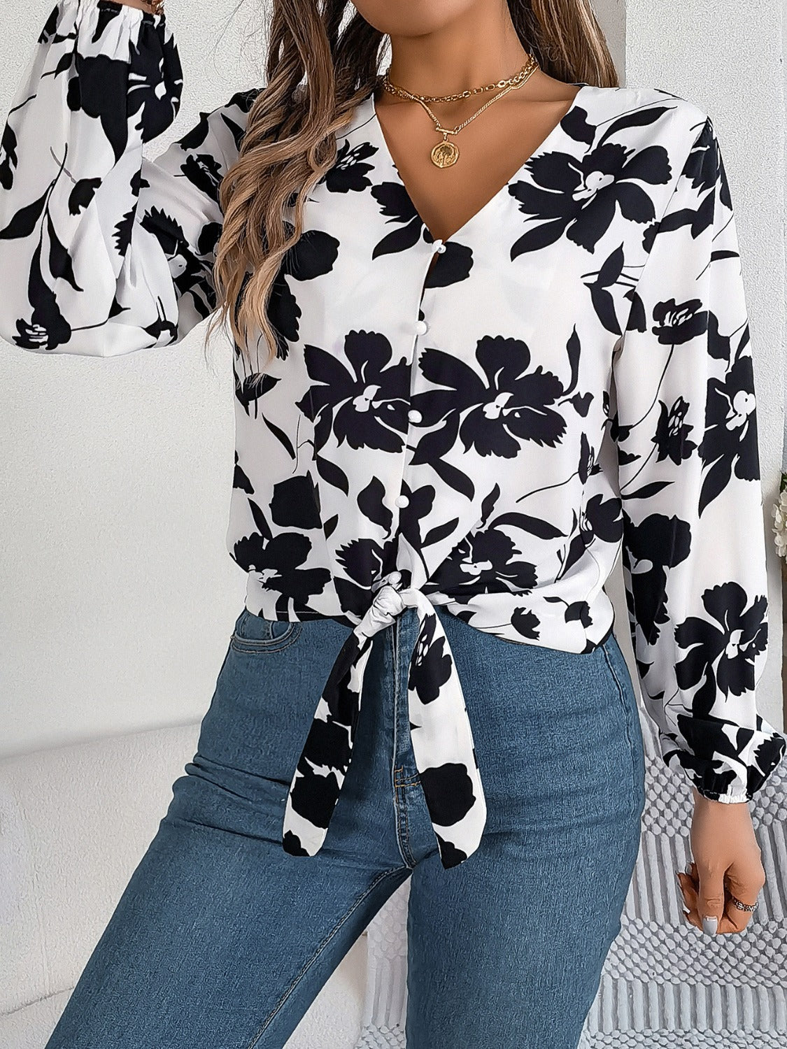 Printed V-Neck Long Sleeve Blouse Trandify deal