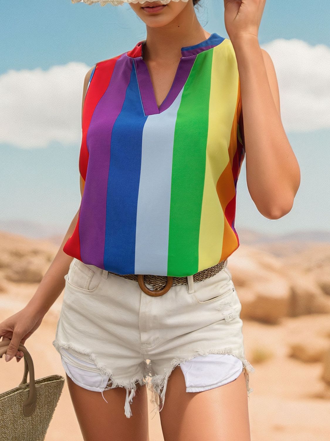 Perfee Color Block Notched Sleeveless Top Trandify deal