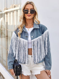 Tassel Button Up Dropped Shoulder Denim Jacket Trandify deal