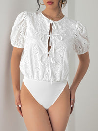 Perfee Tied Eyelet Short Sleeve Bodysuit Trandify Deal