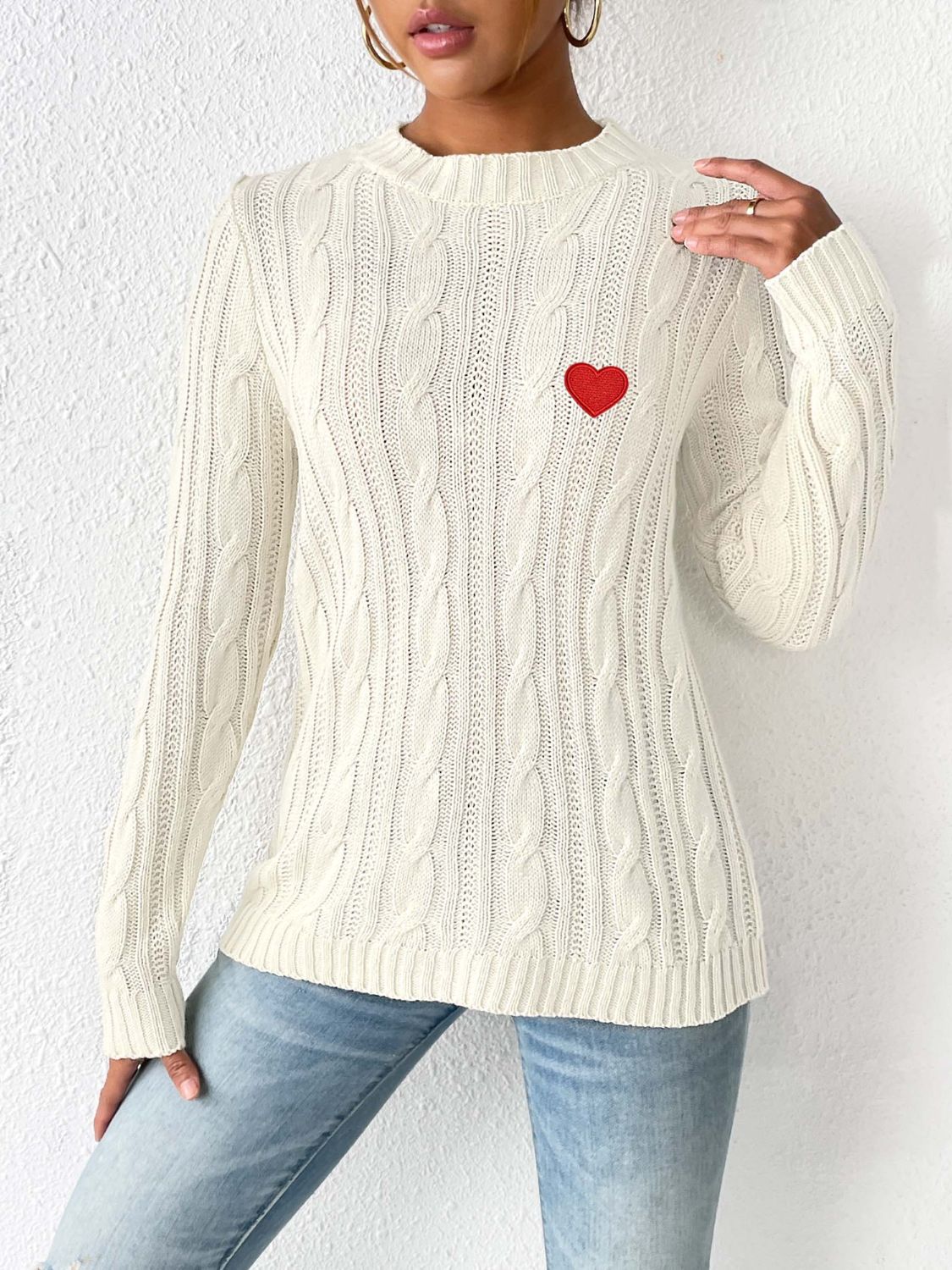 Cable-Knit Heart Round Neck Long Sleeve Sweater Trandify Deal