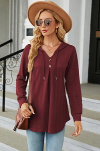 Decorative Button Drawstring Long Sleeve Hoodie Trendsi