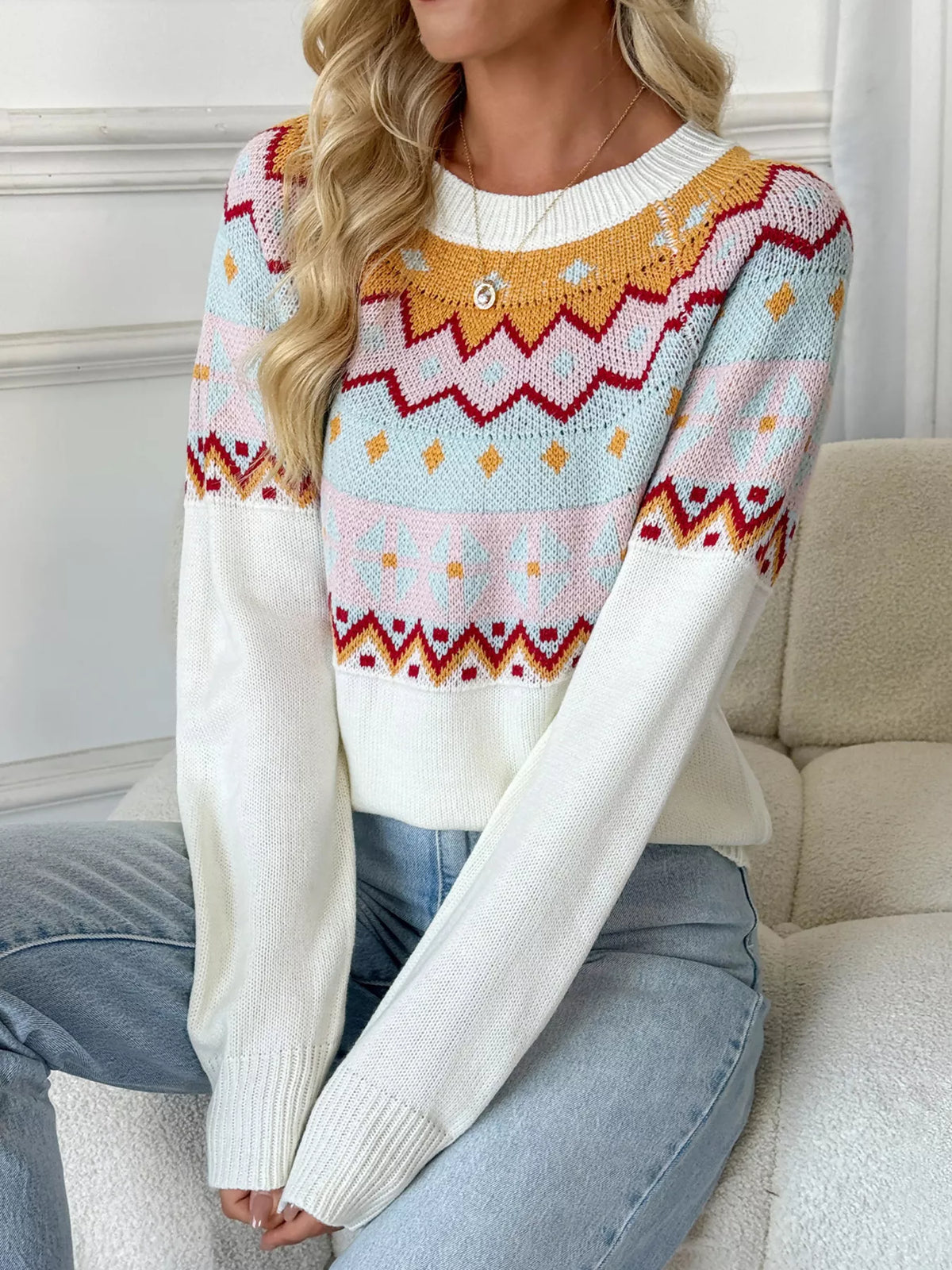 Cozy fall sweater for women in White, soft acrylic knit, long sleeve round neck top.