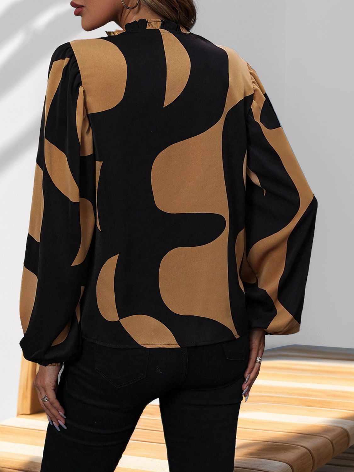 Perfee Frill Notched Long Sleeve Blouse Trandify Deal