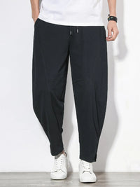 Men's plus size loose fit cargo pants in Black with drawstring waist