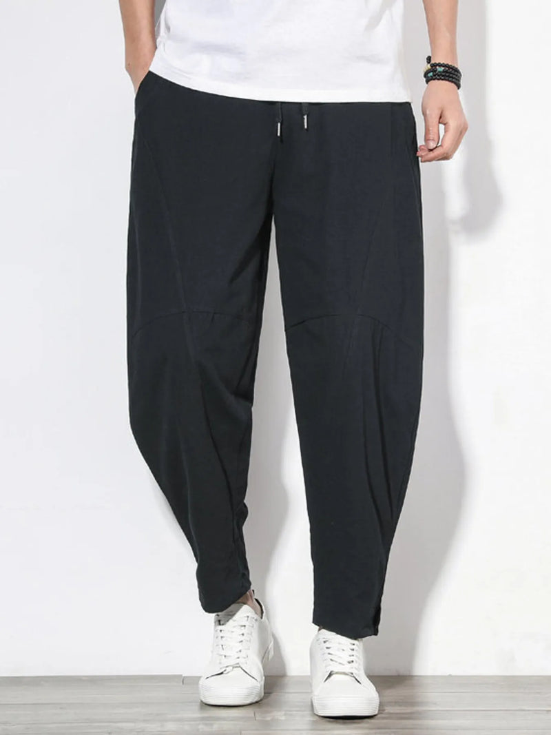 Men's plus size loose fit cargo pants in Black with drawstring waist