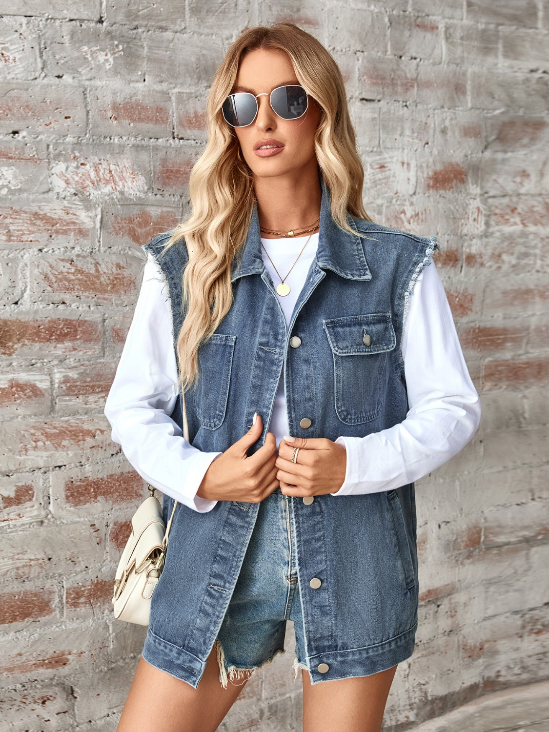 Raw Hem Sleeveless Button Up Denim Jacket Trandify deal