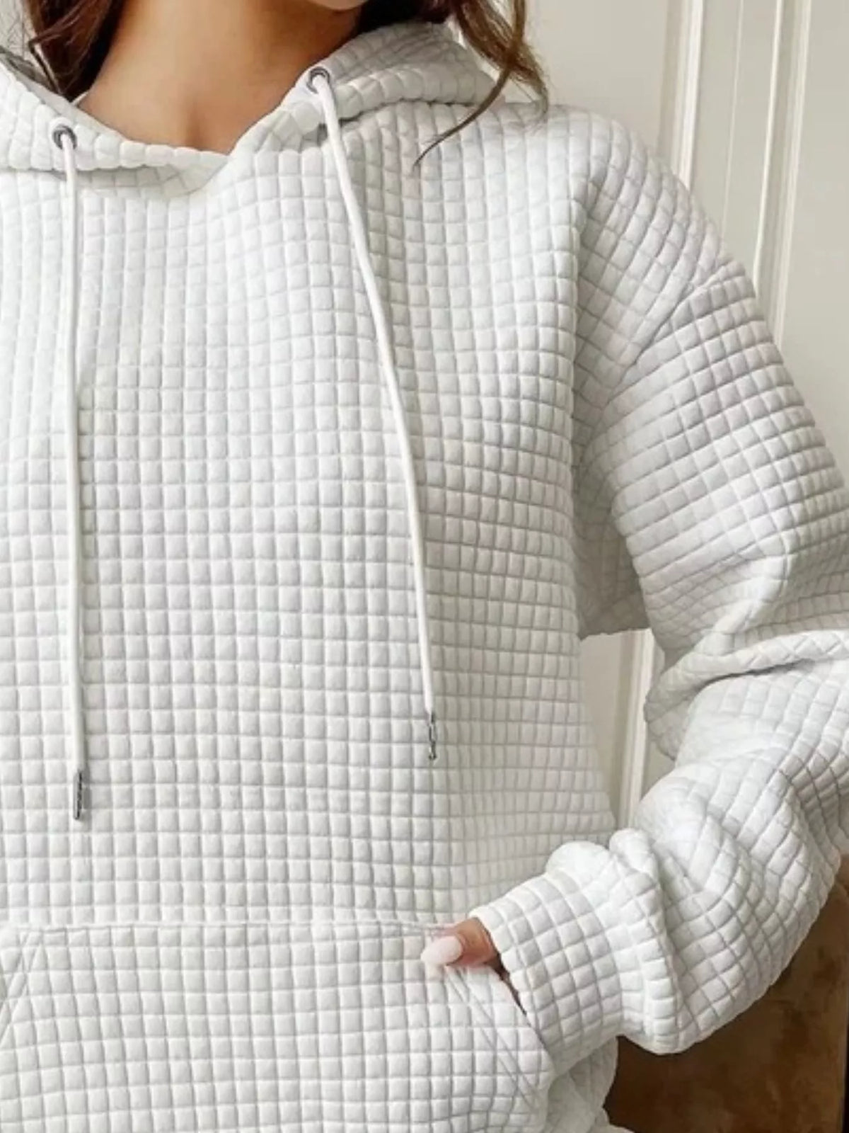 Women's Waffle Knit Hoodie - Drawstring & Pocket