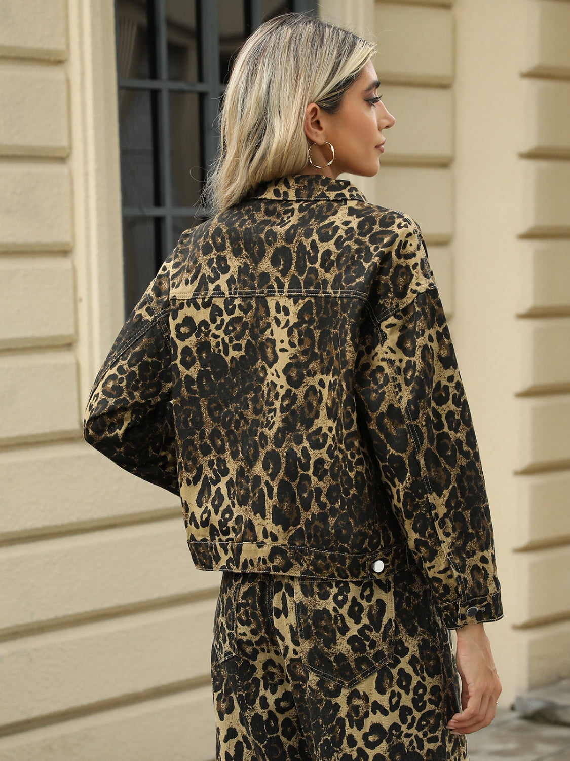 Pocketed Leopard Long Sleeve Denim Jacket Trandify Deal