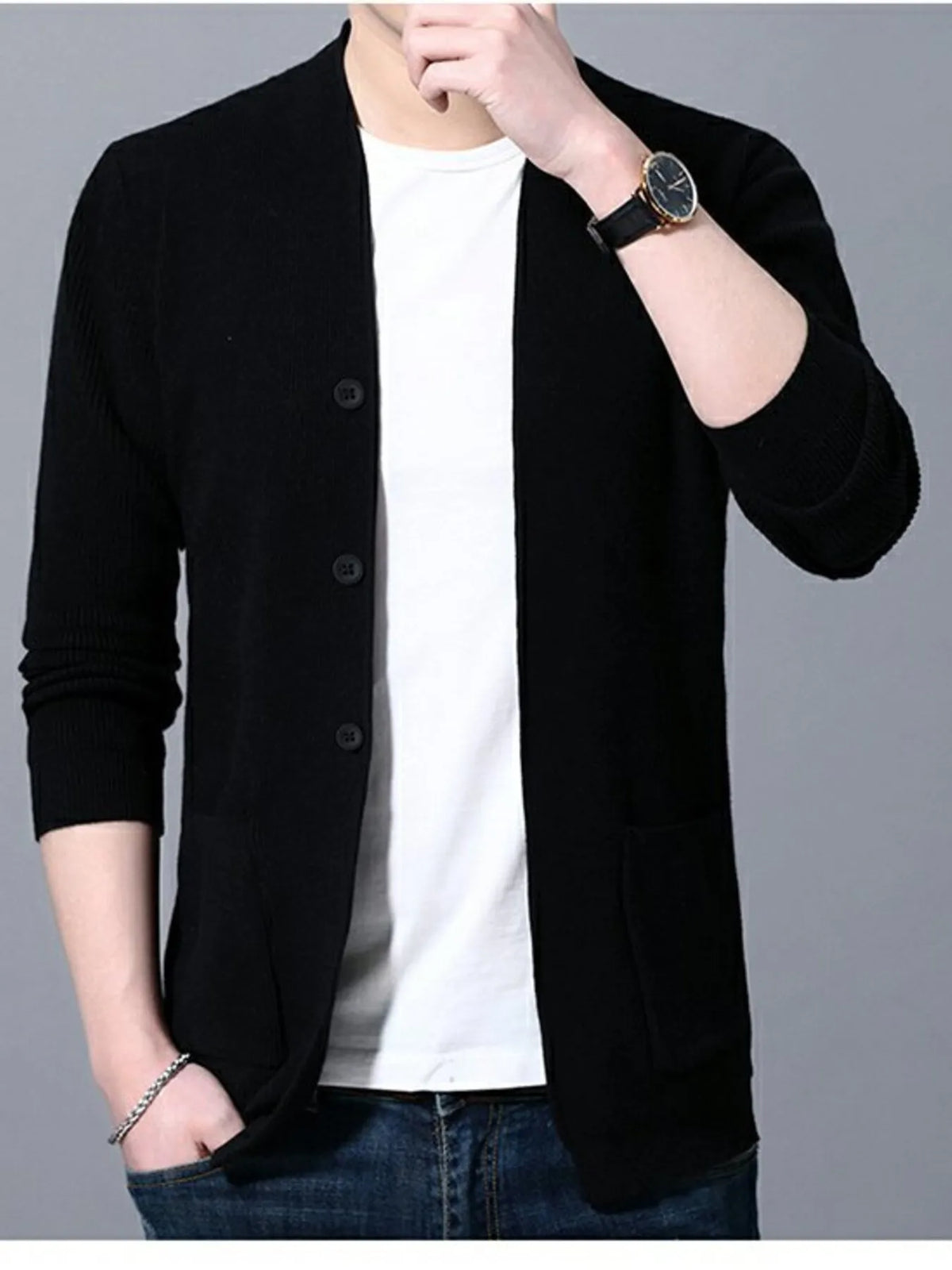 Men’s Plus Size Long Sleeve Cardigan with Pockets – Cozy & Stylish