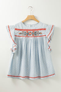 Embroidered Round Neck Cap Sleeve Blouse - Trandify Deal