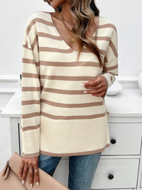 Devine Striped V-Neck Long Sleeve Knit Top Trandify Deal