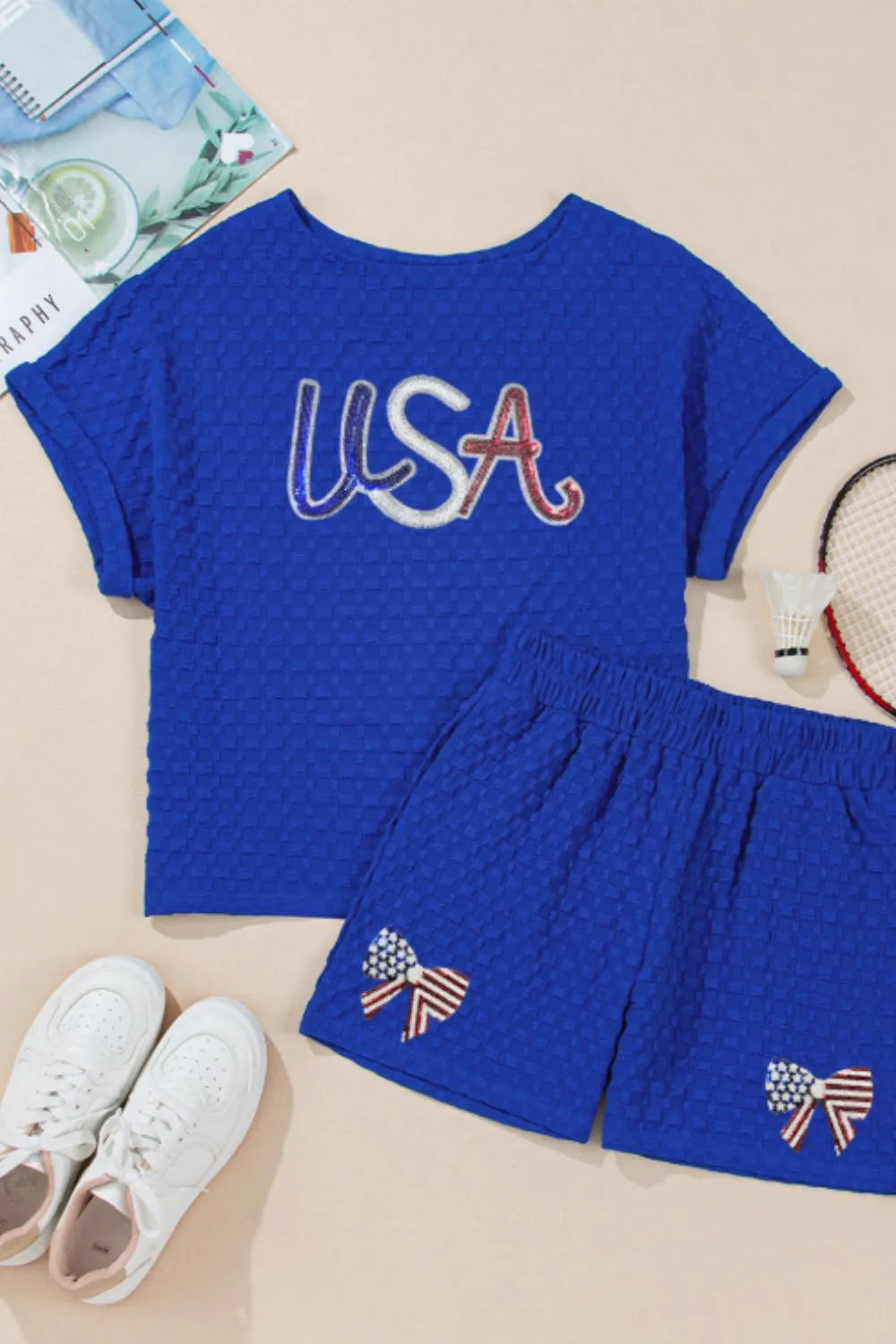 Sequined Top and Shorts Set with USA flag design and bowknot shorts detail, party wear.