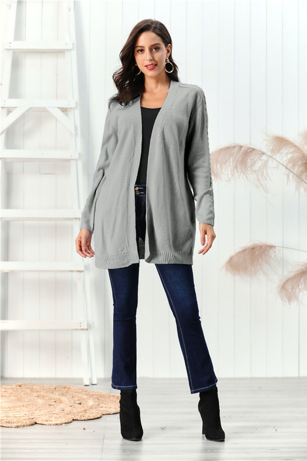 Cable-Knit Open Front Long Sleeve Cardigan Trandify Deal