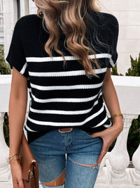 Devine Striped Mock Neck Short Sleeve Sweater Trandify deal