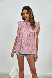 Ruffled Ditsy Floral Mock Neck Cap Sleeve Blouse Trandify deal