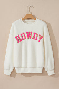 HOWDY Patched Round Neck Sherpa Sweatshirt Trandify Deal