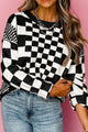 Checkered Round Neck Long Sleeve Sweater - Trandify Deal