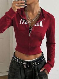 Letter Graphic Zip Up Long Sleeve Hoodie Trandify deal