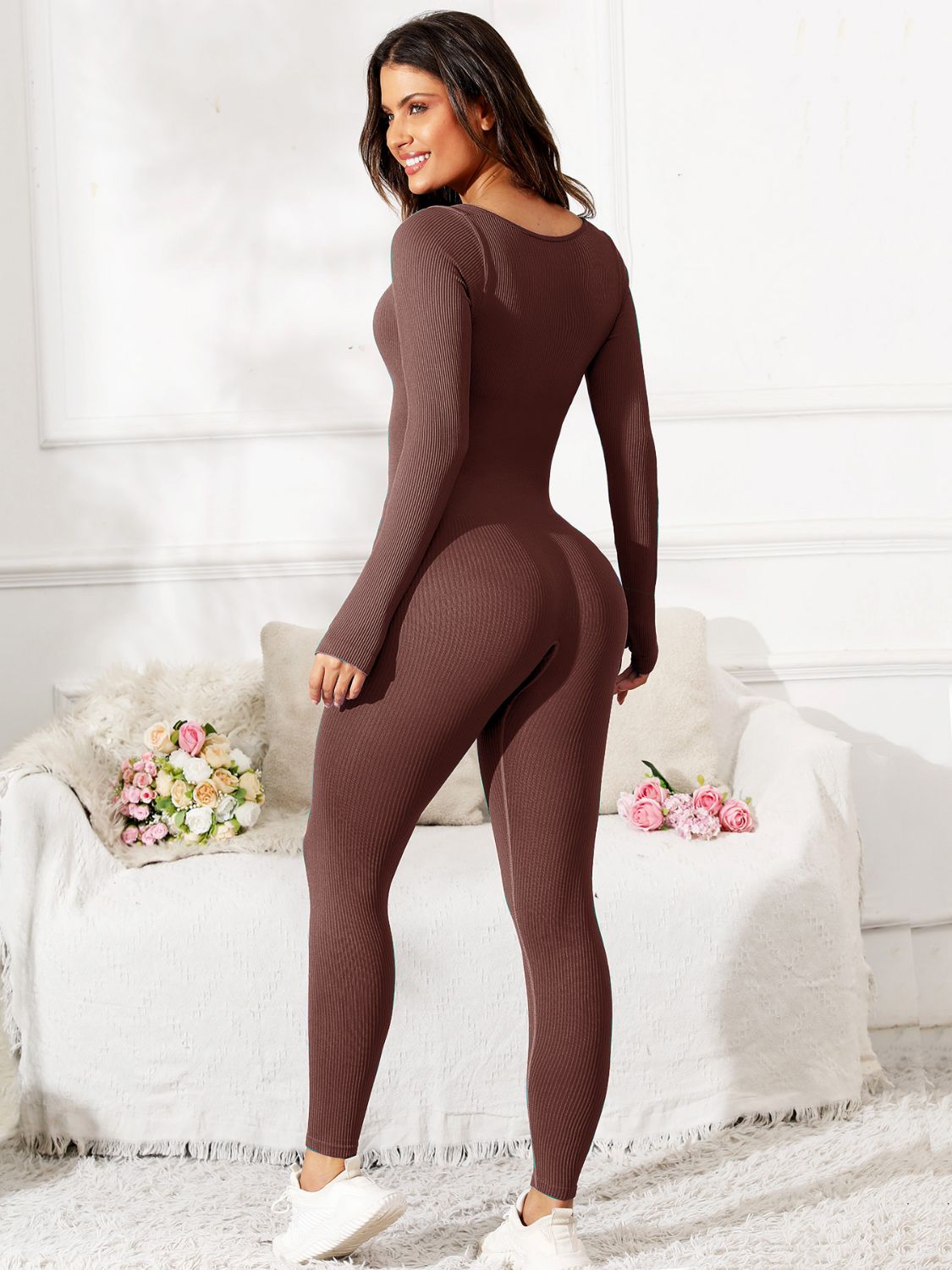 Scoop Neck Long Sleeve Active Jumpsuit Trandify Deal