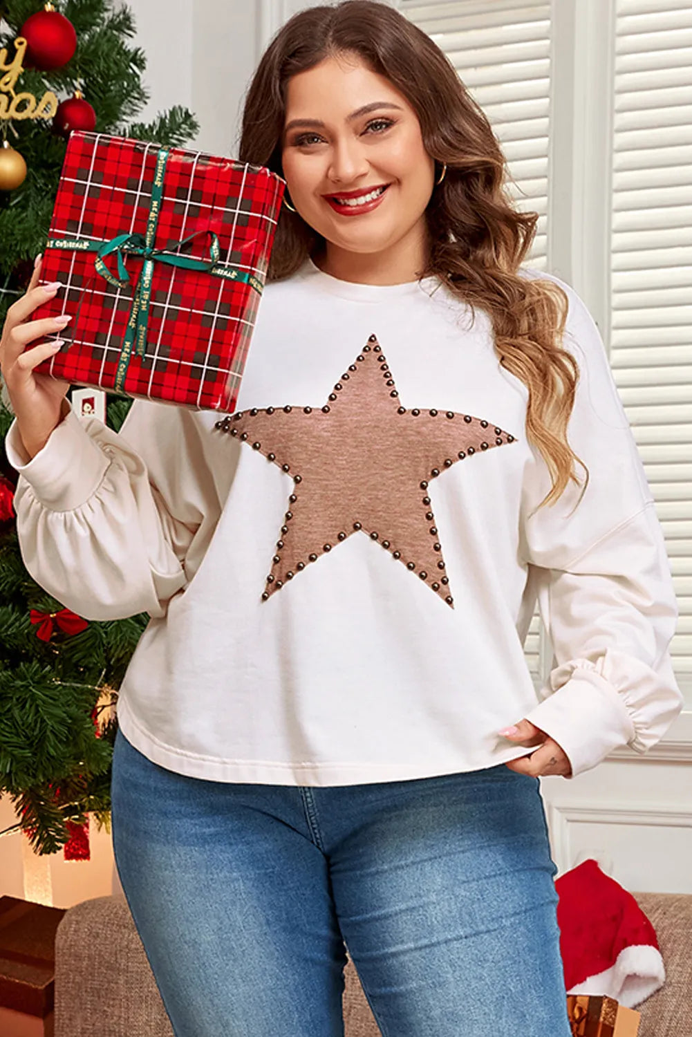 Plus Size Studded Star Round Neck Long Sleeve Blouse Trandify Deal
