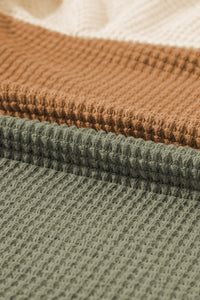 Waffle-Knit Color Block Round Neck Long Sleeve Blouse Trandify Deal