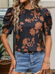 Frill Printed Round Neck Puff Sleeve Blouse Trandify deal