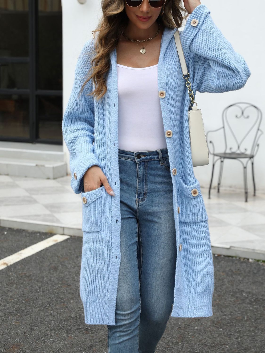 Pocketed Button Up Long Sleeve Hooded Cardigan Trandify Deal