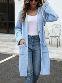 Pocketed Button Up Long Sleeve Hooded Cardigan Trandify Deal