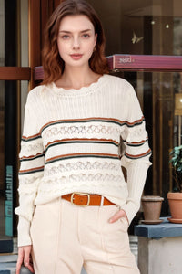 Striped Hollow Out Round Neck Long Sleeve Sweater Trandify Deal
