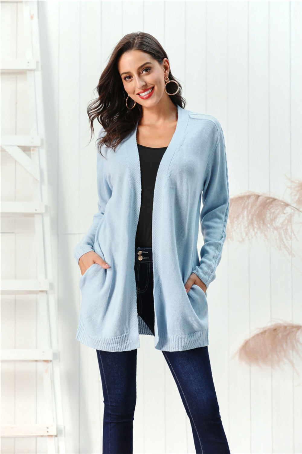 Cable-Knit Open Front Long Sleeve Cardigan Trandify Deal