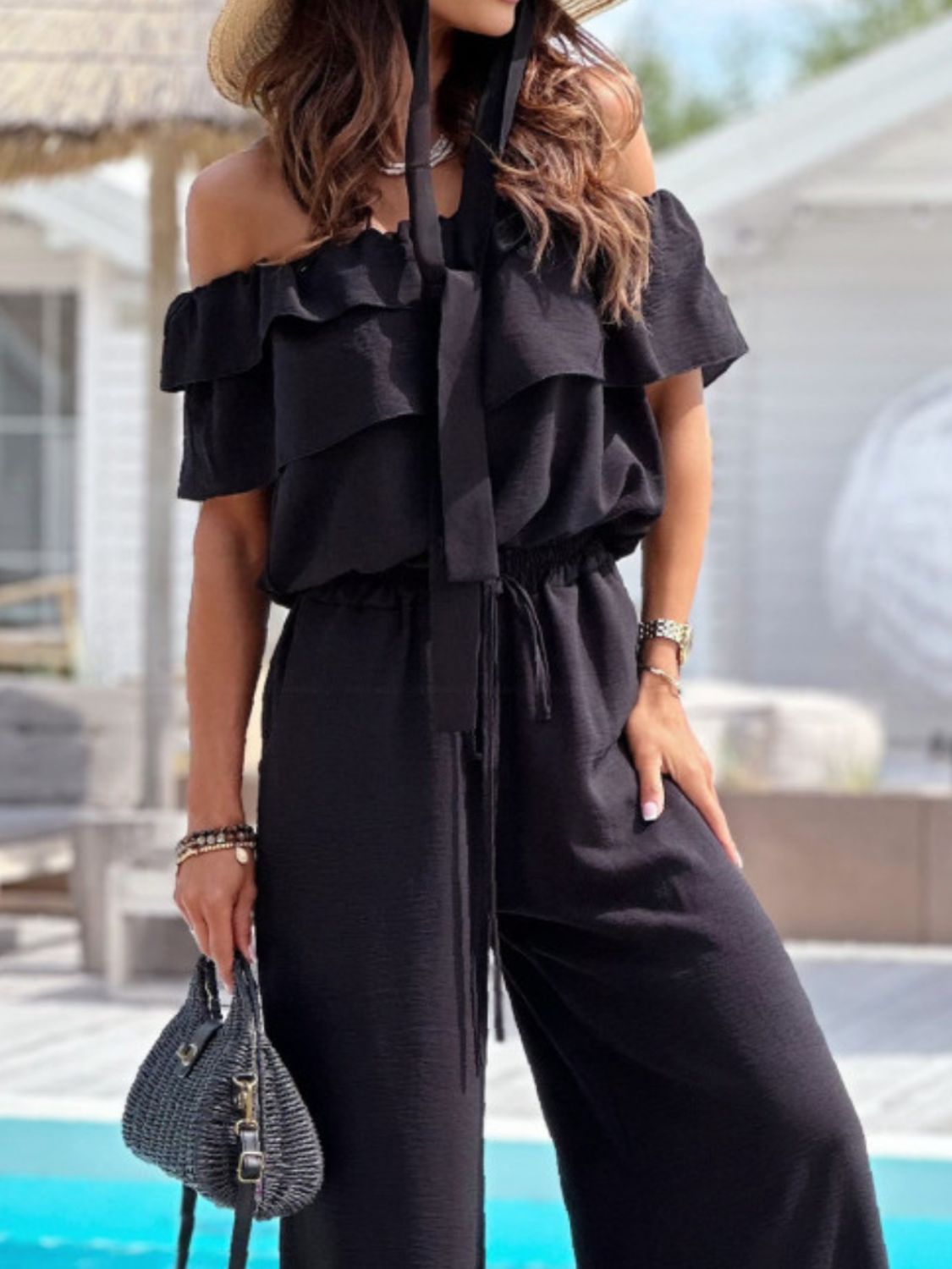Ruffled-Off Shoulder Wide Leg Jumpsuit - TrandifyDeal