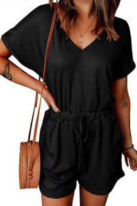 Full Size Drawstring V-Neck Short Sleeve Romper Trandify deal