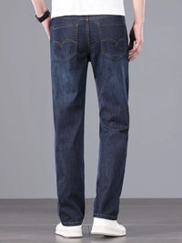 Men's straight fit jeans in a dark wash.