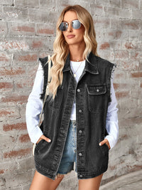 Raw Hem Sleeveless Button Up Denim Jacket Trandify deal