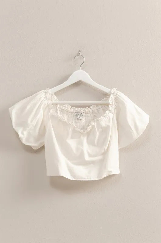 Women's Puff Sleeve Sweetheart Top in White by HYFVE