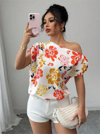 Floral print one shoulder blouse for women – short sleeve ruffled boho top in summer colors