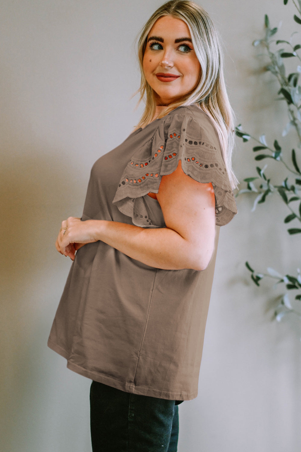 Plus Size Eyelet Round Neck Short Sleeve Blouse Trandify deal